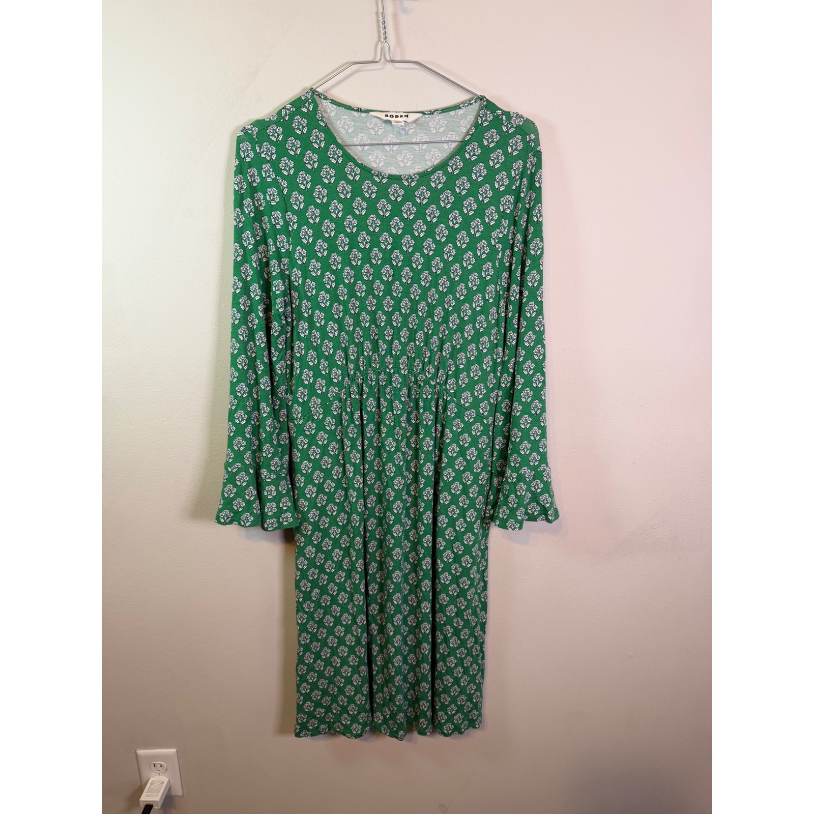 Boden Womens Dress Bell Sleeve Floral Geometric Green Size 6r